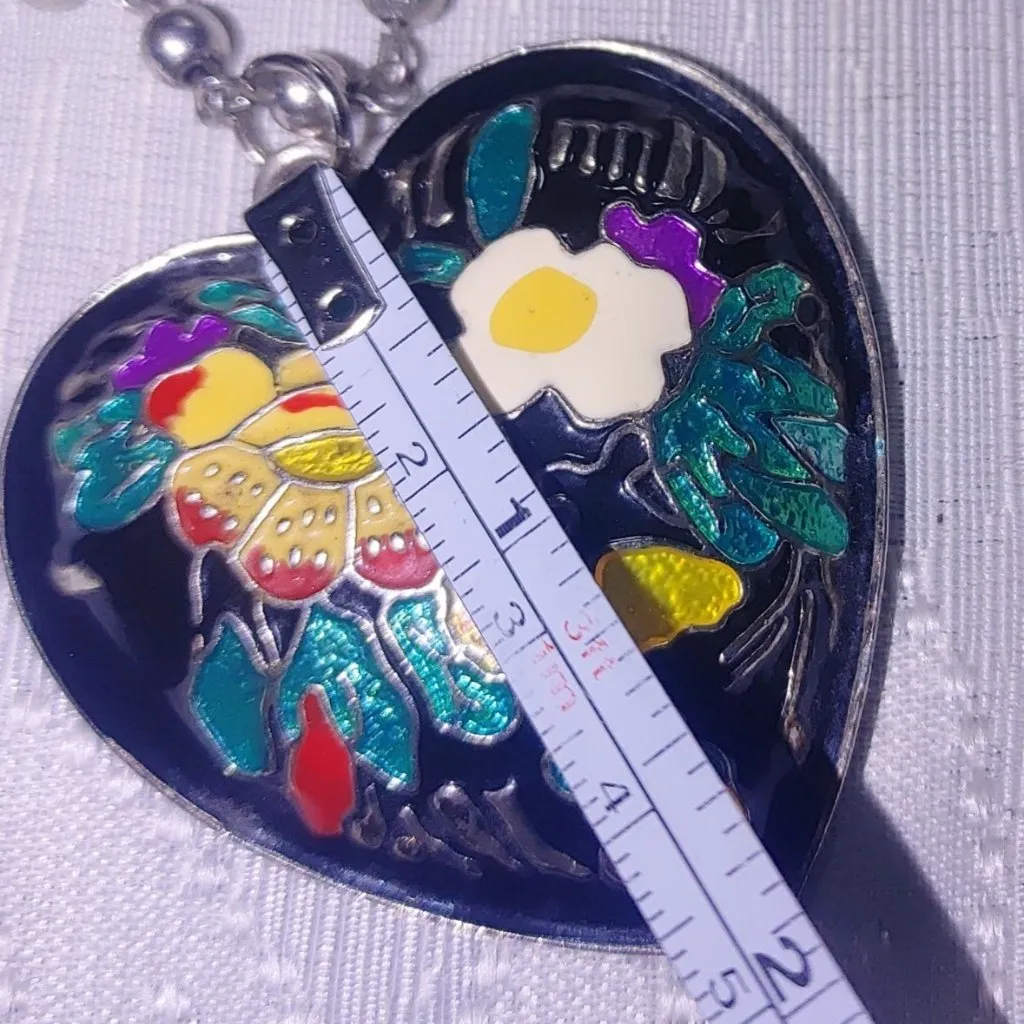 Floral Cloisonné Heart Shaped Pendant Necklace Vintage Silver Tone Adjustable - Image 6