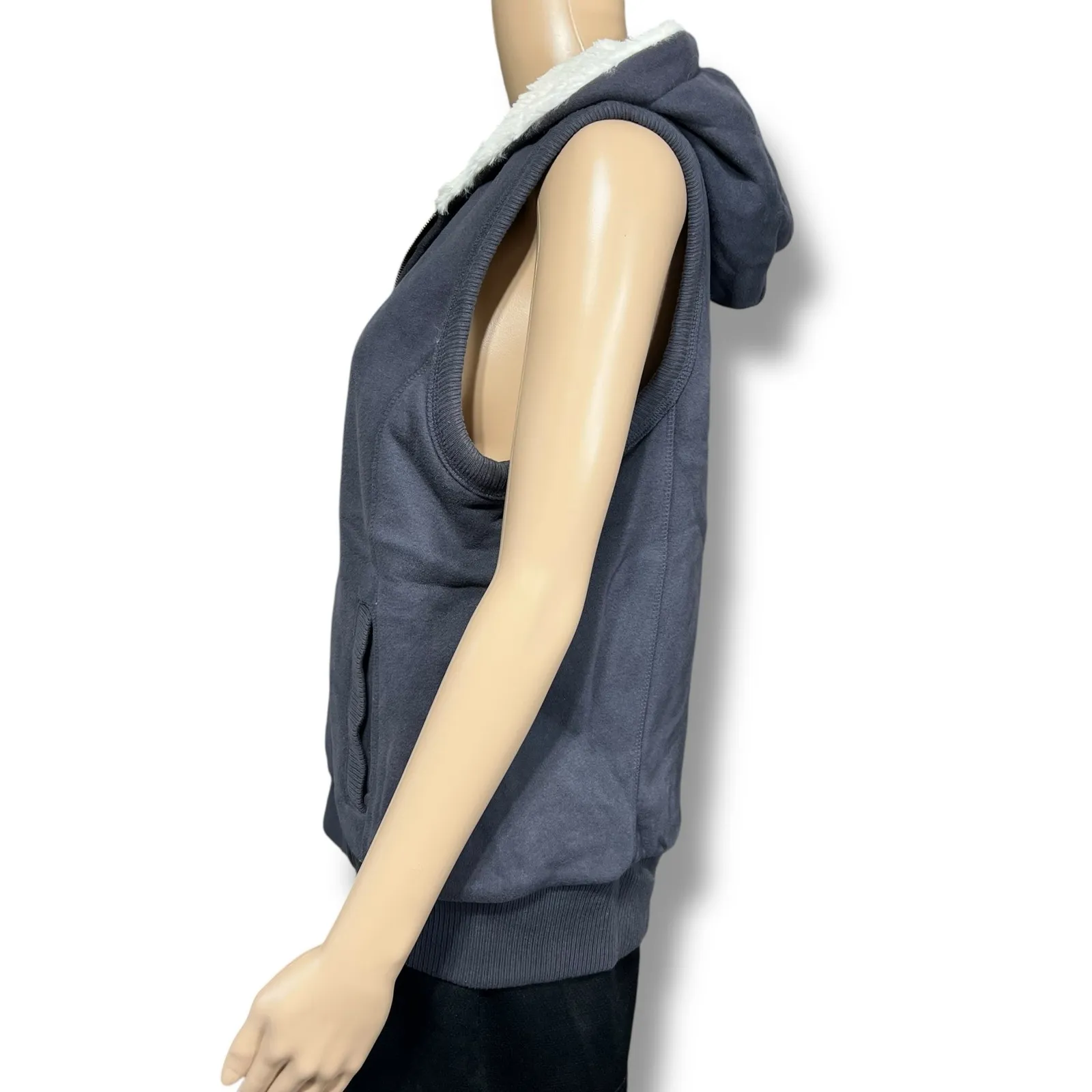 Y2K Old Navy Womens Vest Hooded Soft Faux Fur Lined Full Zip Navy Blue Medium - Image 4