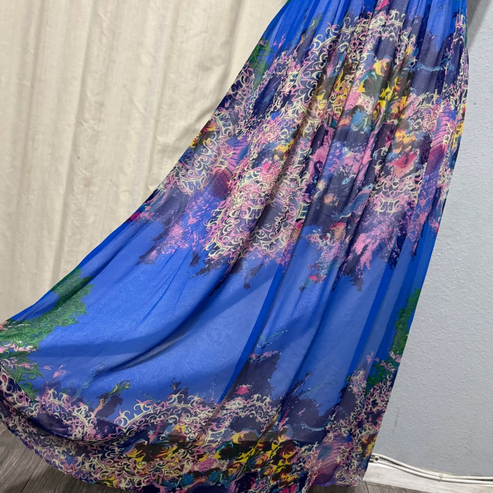 Vintage PRINCESS Maxi Dress Blue Floral Rhinestone Embellished Bohemian Flowy S - Image 5