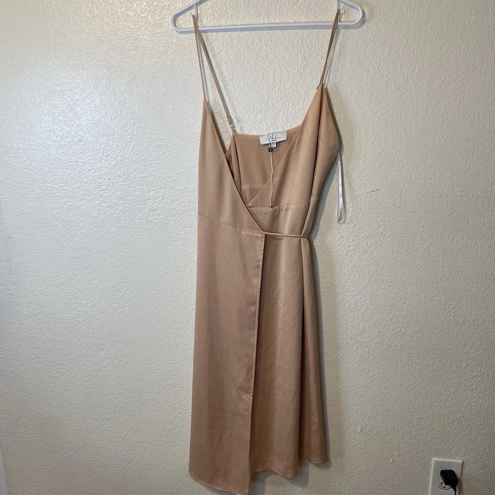 L’Academie Revolve The Wrap Satin Midi Slip Dress In Sand Size XS - Image 5
