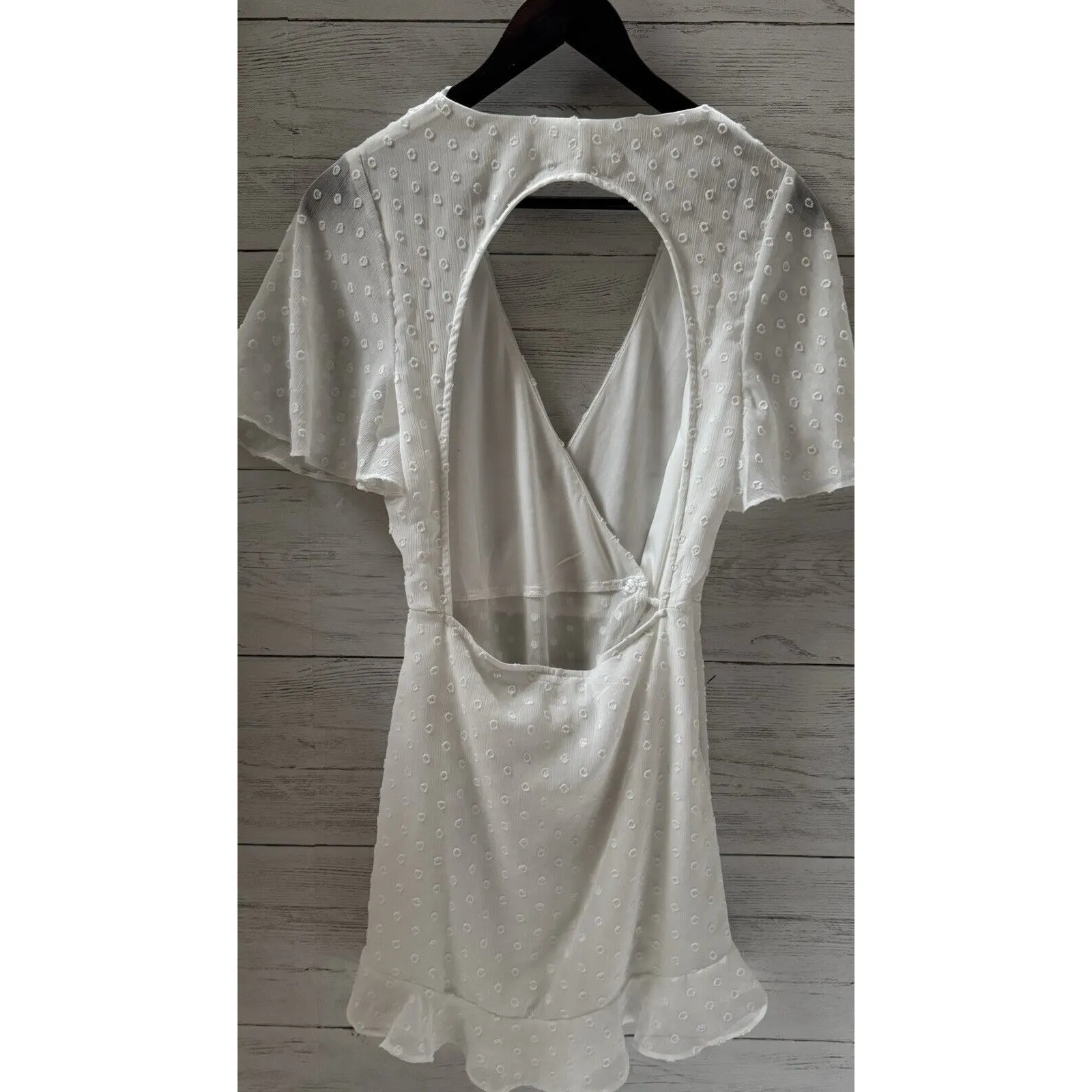 COTTON CANDY LA Flutter Sleeve Wrap Ruffle Bow Open Back Polka Dot Romper Size M White Size M - Image 8