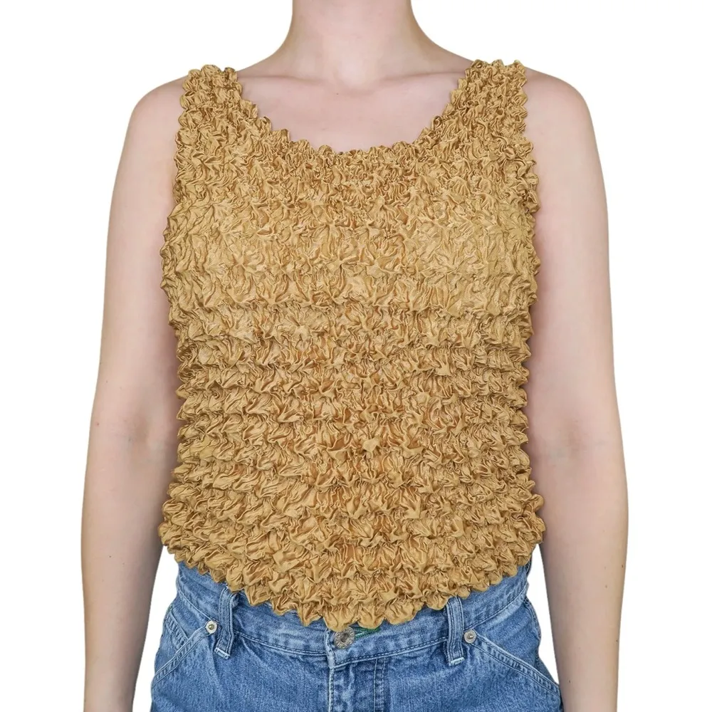 Vintage 90s Gold Brown Bubble Popcorn Shirt Size M - Image 2