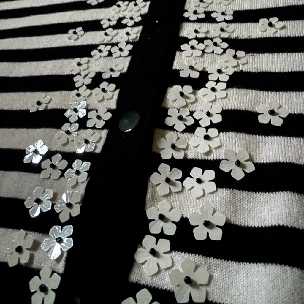 Talbots Womens Size Large Striped Cardigan Sweater Flower Sequined - Image 5