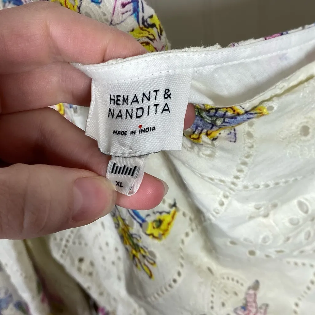 HEMANT & NANDITA Vana One Sleeve / Shoulder Floral Ruffled Mini Dress Size‎ XL White - Image 5