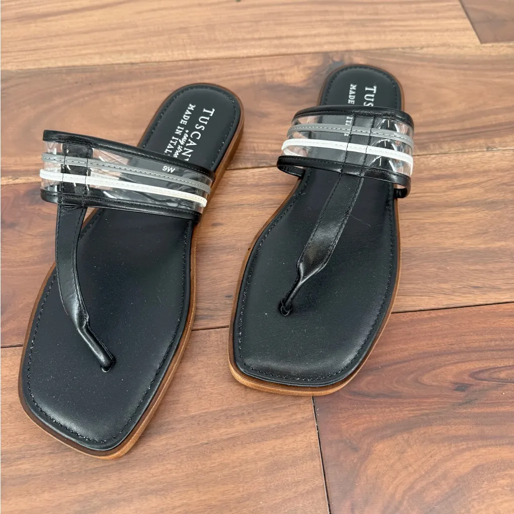 Tuscany Easy Street Black Thong Sandals Clear Straps Made in Italy Size 9W - Image 2