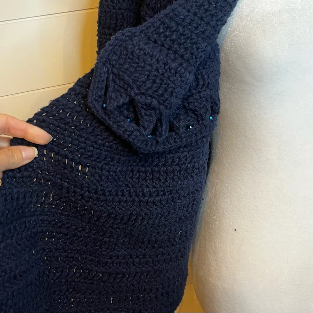 Handmade Blue Knit Open Front Crocheted Shawl Poncho with Rhinestones Collared Size undefined - Image 7