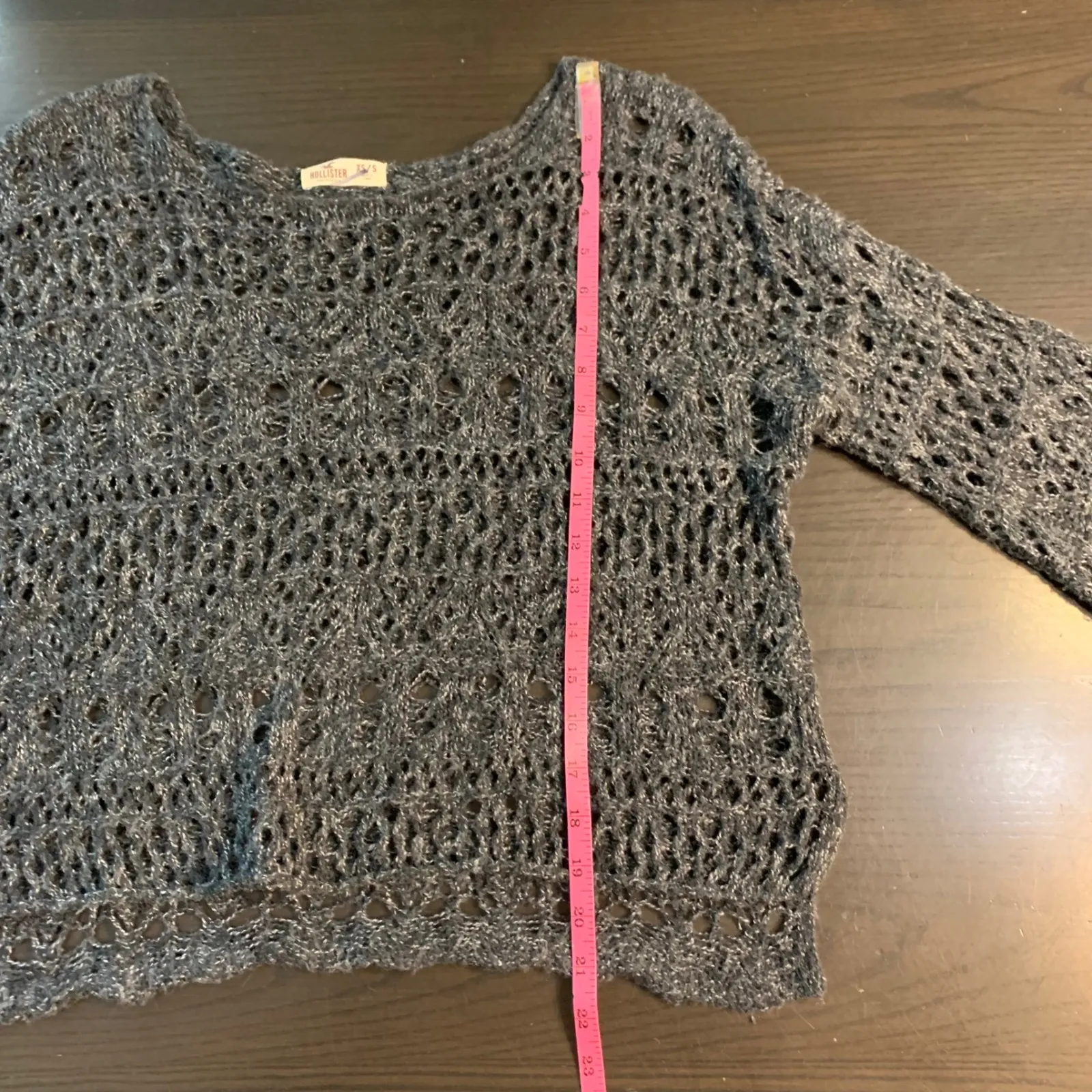 Hollister Womens Gray Open Knit Sweater Bell Sleeves Cropped XS S Crochet - Image 8