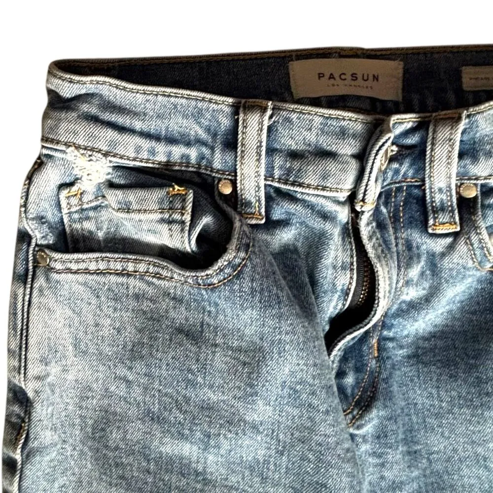 PacSun Vintage Icon Distressed Skinny Jeans Light Wash Raw Hem 23 Inch Waist Blue - Image 5