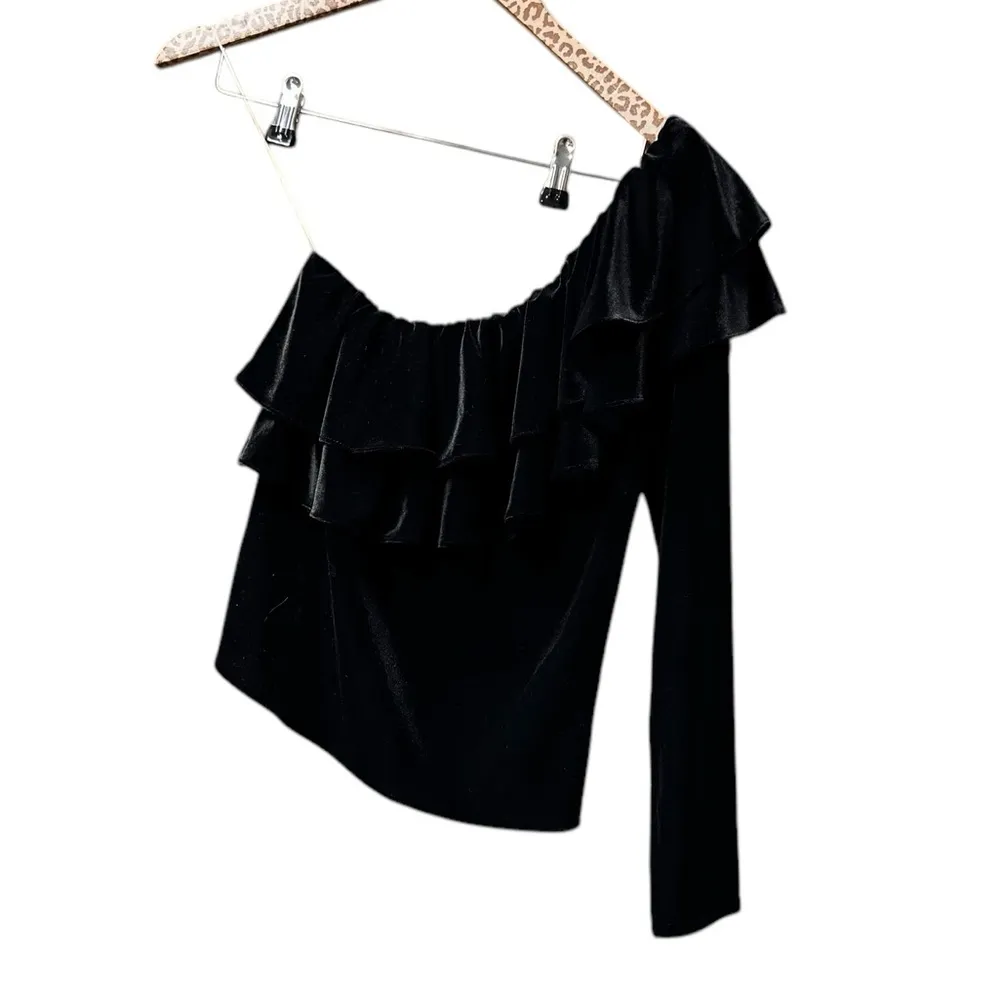 Misa Mielle One Shoulder Asymmetric Sleeve Ruffle Top Black Velvet Small S - Image 4