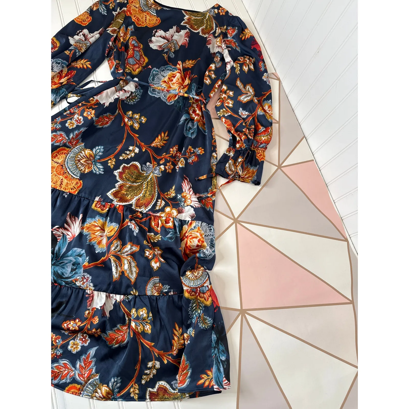 Julia Jordan Floral Print Tie Waist Tiered Midi Dress Blue Multi Drawstring M - Image 6