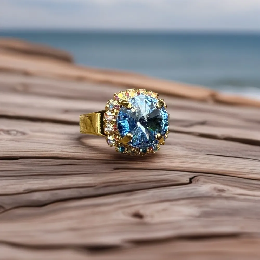 Handcrafted ring made with light sapphire Swarovski crystal size adjustable Gold - Image 3
