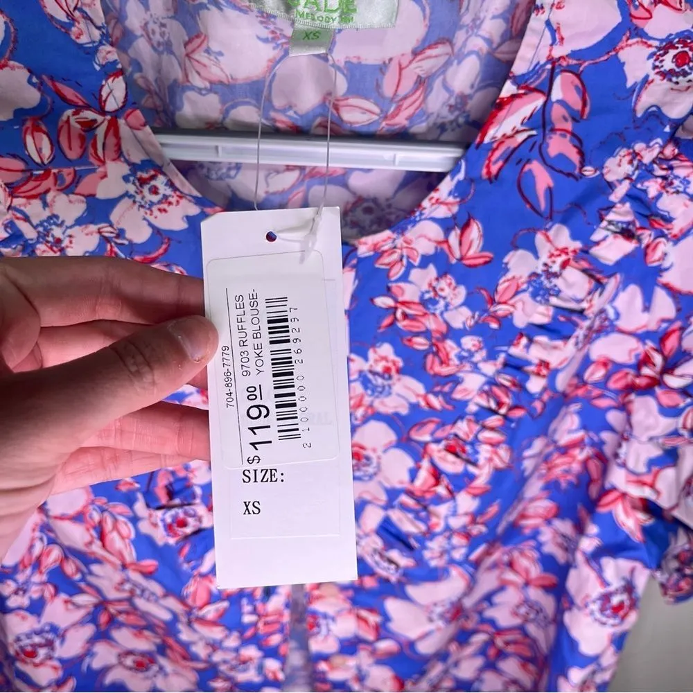 Jade Melody Tam Blue Pink Floral Short Sleeve Button Down Shirt XS Yoke Blouse - Image 2