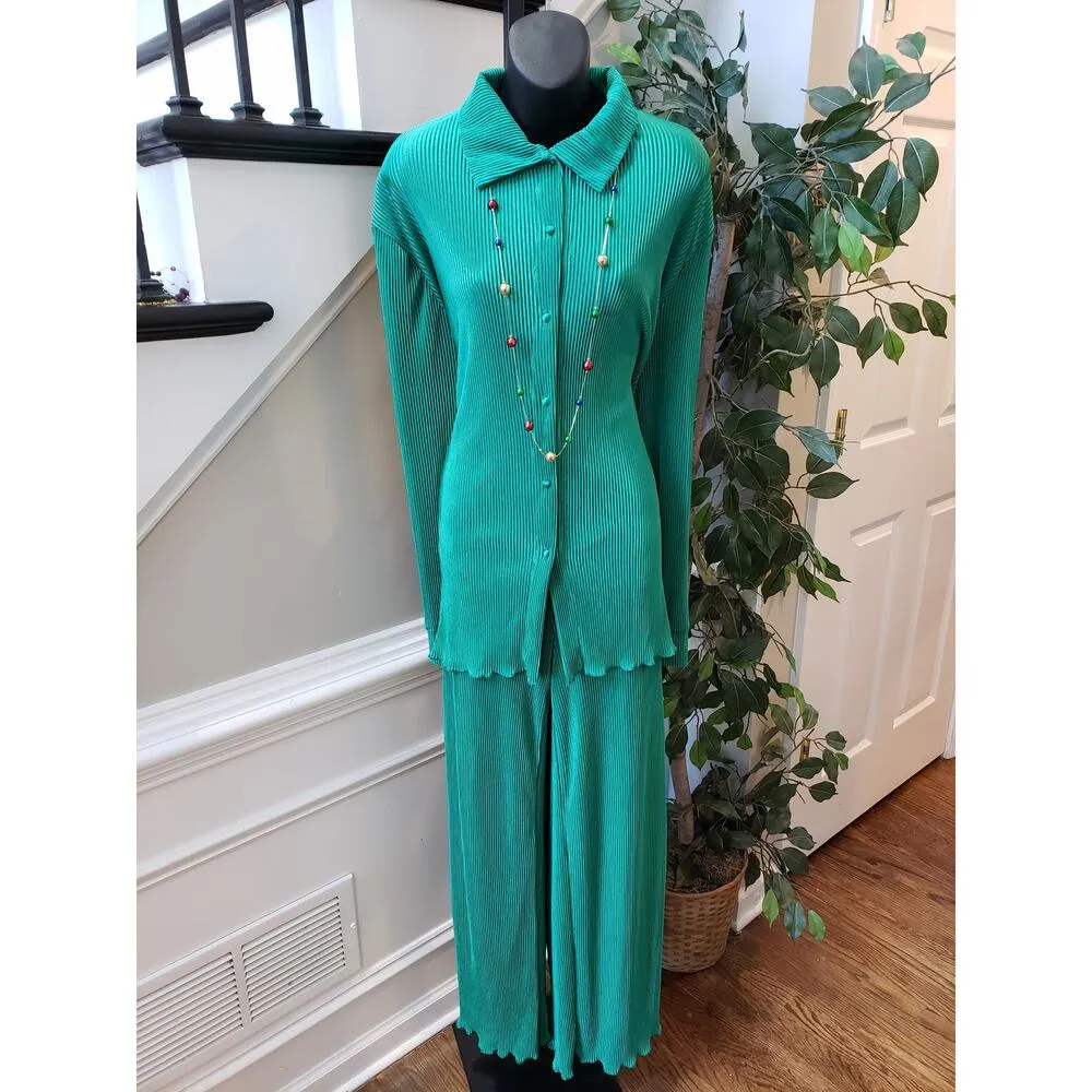 Women's Green Pleated Lounge Set XL Collared Button Top Wide Leg Pants 2 - Image 2