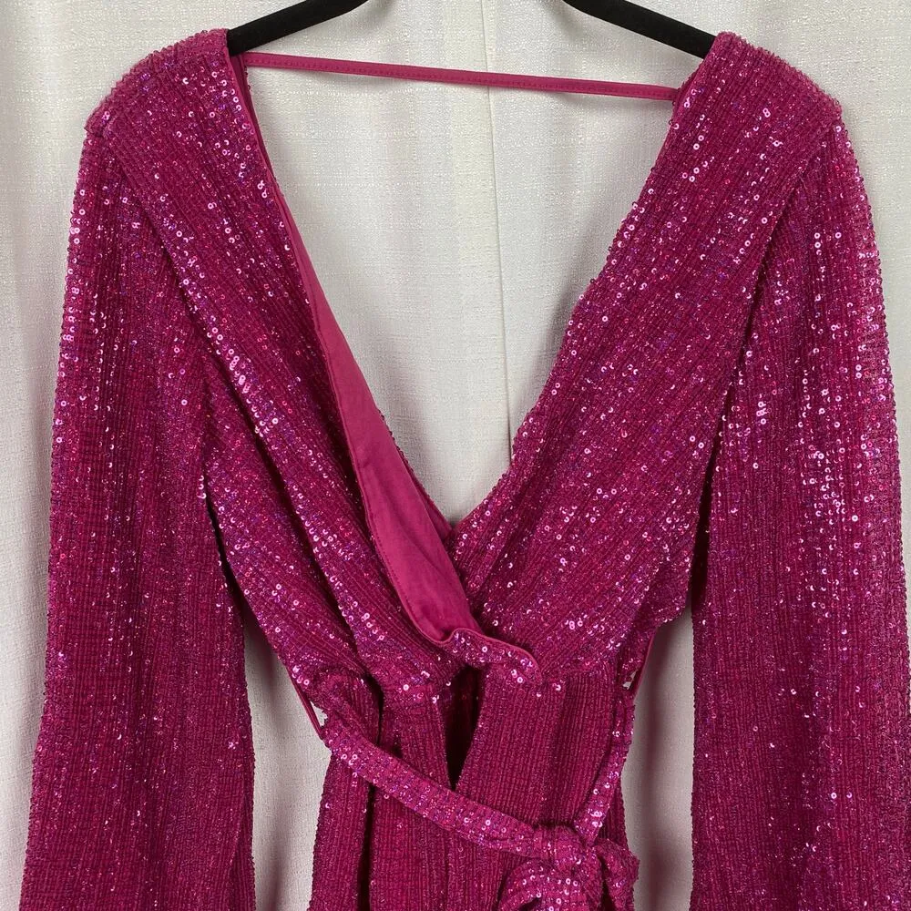 Hello Molly Pink Sequin Static Memory Faux Wrap Mini Dress Sz.M/US 6 - Image 6