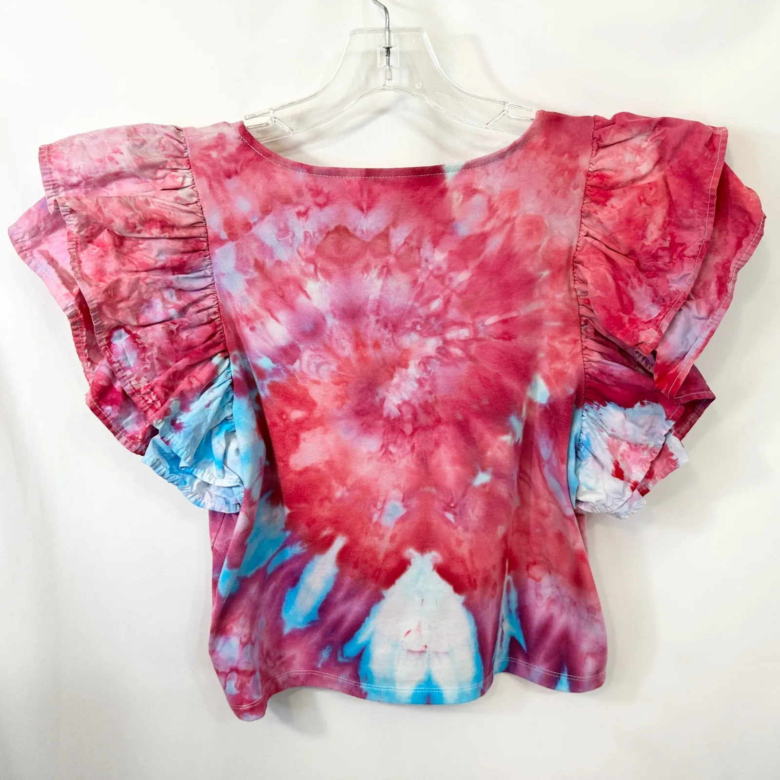 A New Day Large Top Handmade Tie Dye Ruffle Sleeve‎ Crop Pink Blue Artsy 1743 - Image 3