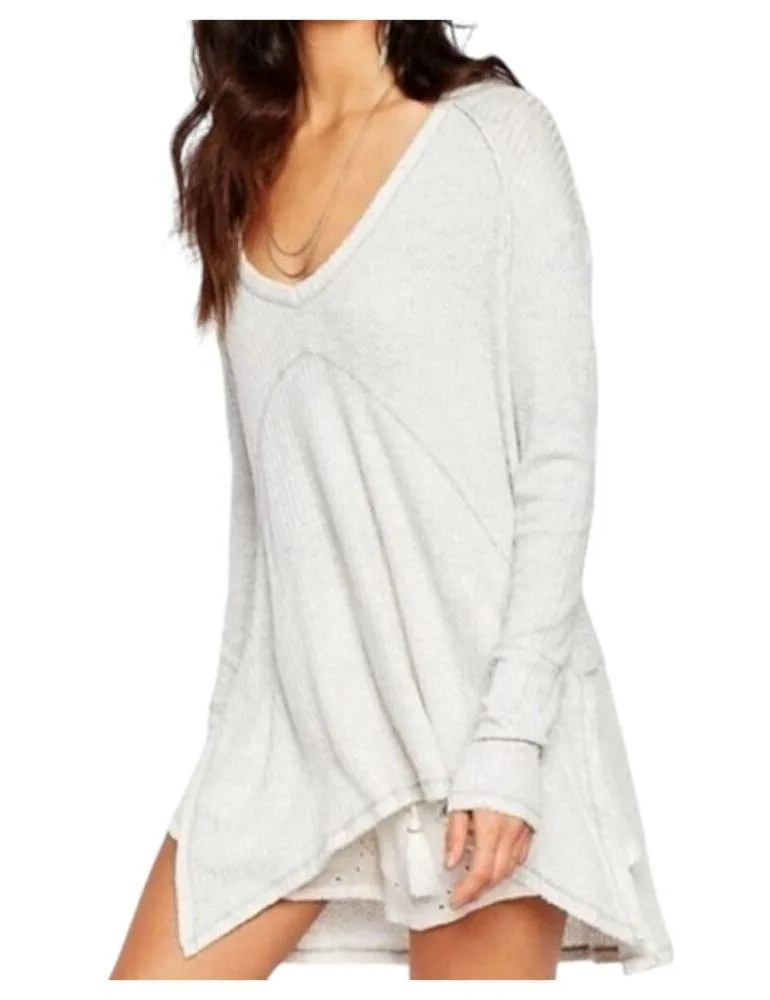 Free People Drippy Thermal Waffle Knit Raw Hem Long Sleeve Light Grey Top Medium - Image 3