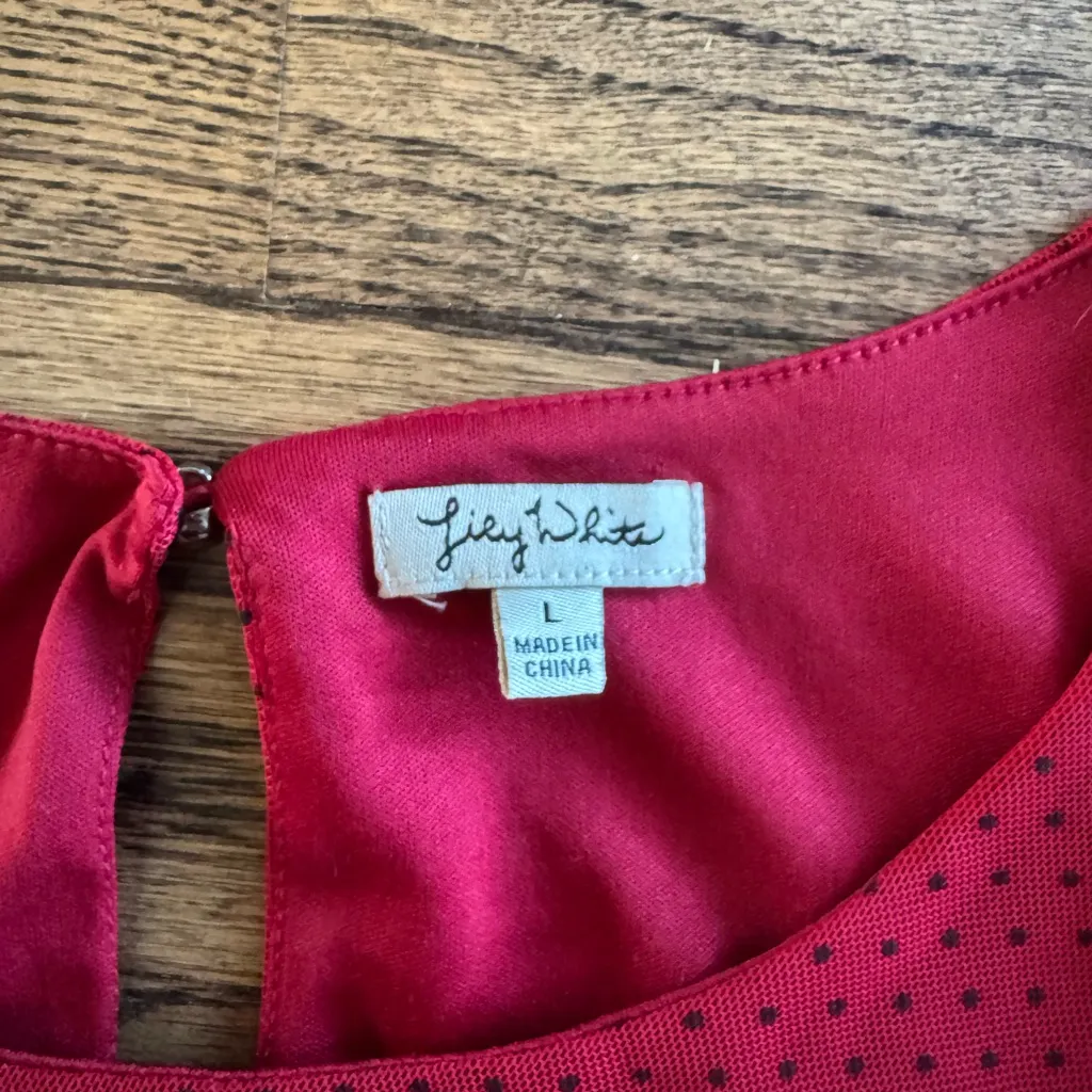 Red Black Polka Dot Sheer Long Sleeve Scoop Neck Faux Wrap smocked Lily White L - Image 2