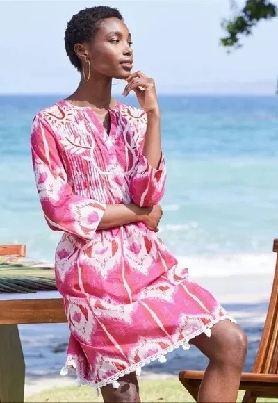 Soft Surroundings Embroidered Tunic Dress Pink White Ikat Print L - Image 2