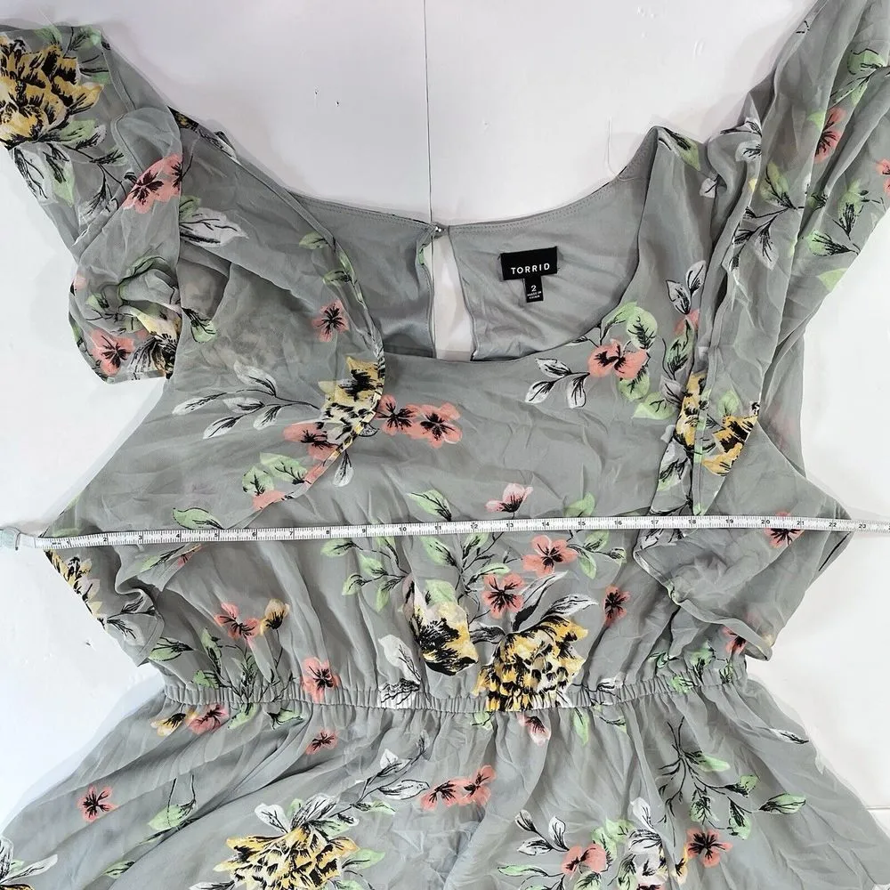 Torrid Gray Floral Ruffle Sleeve Chiffon Skater‎ Flare Dress Size 2X - Image 6