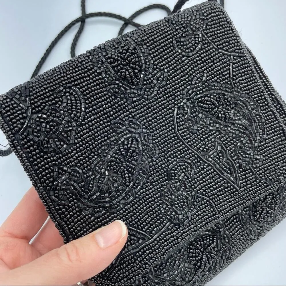 Carolyn Barton Black Beaded Fold Over Crossbody Evening Handbag Vintage Purse - Image 2