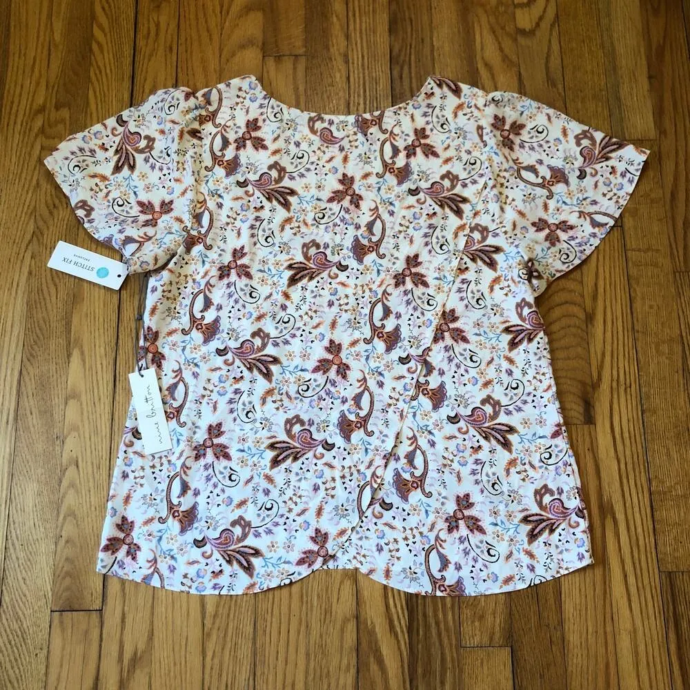 Nine Britton NWT Women's Cream Brown Floral Short Sleeve Blouse Size M - Image 8