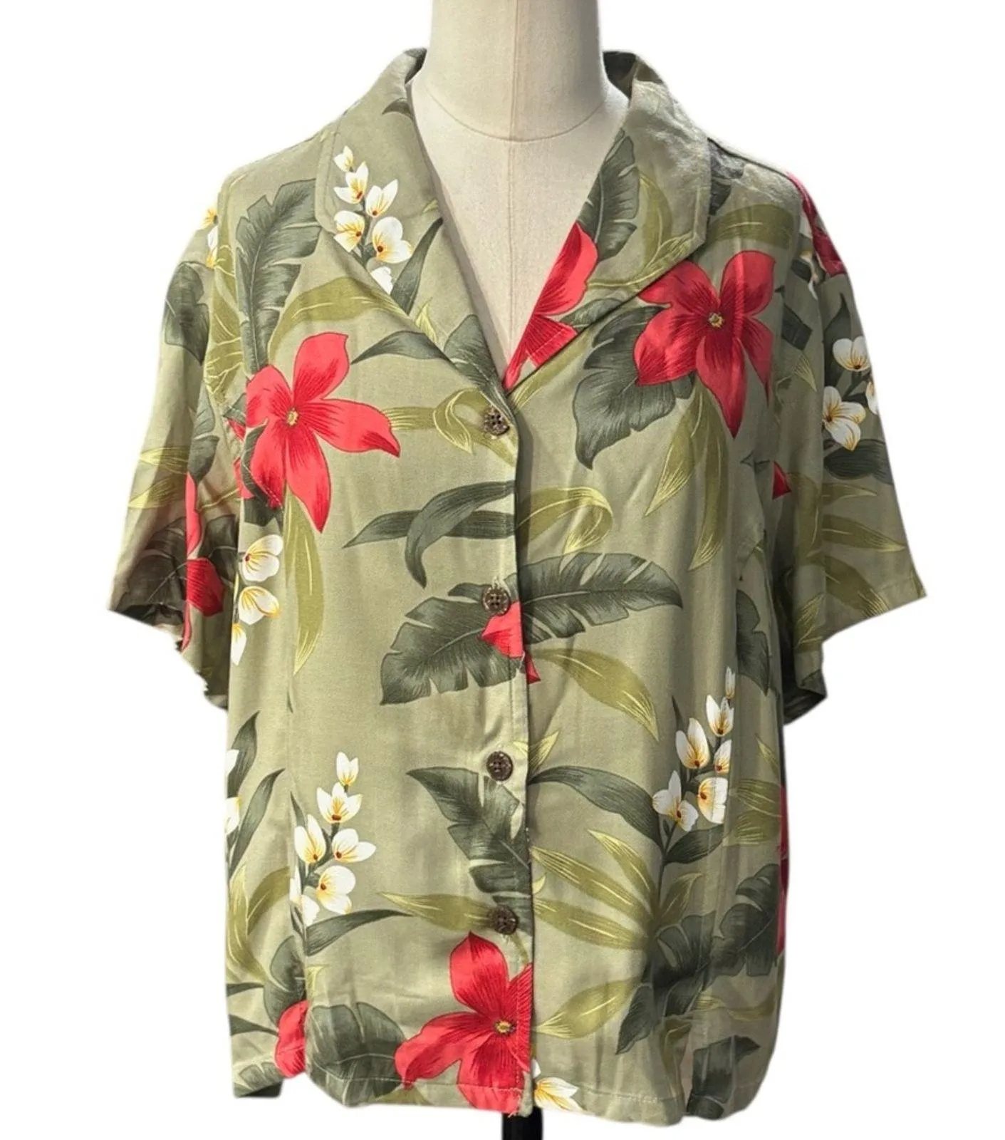 Caribbean Joe Green Tropical print Boxy Button Down Shirt Size PETITE XL - Image 1