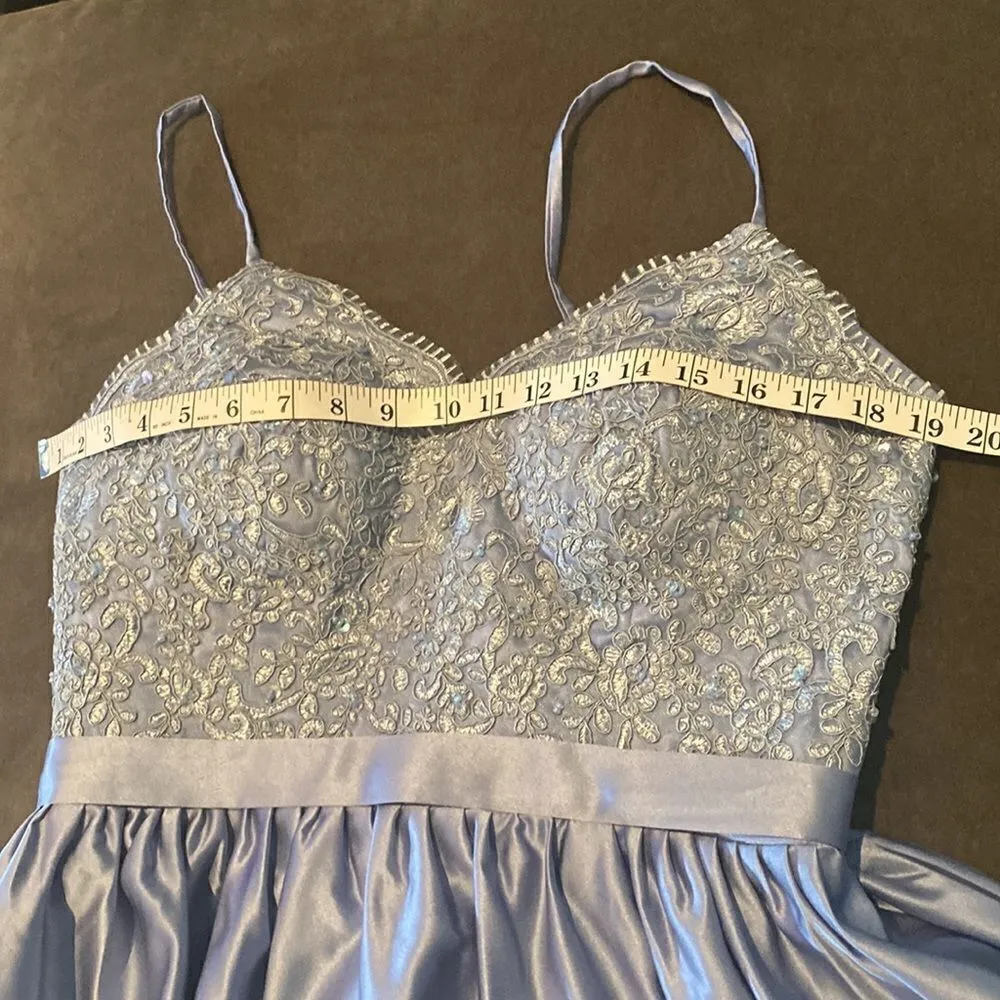 Women’s Full Length Lace Appliqué Satin Prom Party Dress with Leg Slit Size 12 Blue - Image 11