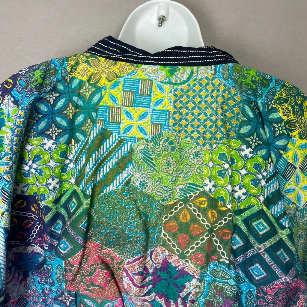 Handmade Top Kimono Sleeve‎ Tie Waist Patchwork Print Colorful Green Blue V - Image 6