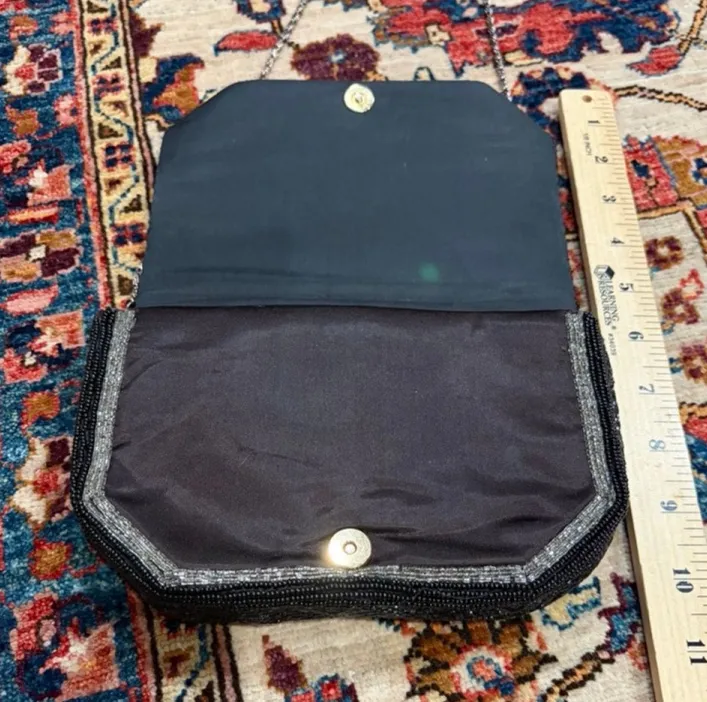 Vintage Black Beaded Evening Clutch Bag Art Deco Sparkle Chain Strap Formal - Image 1