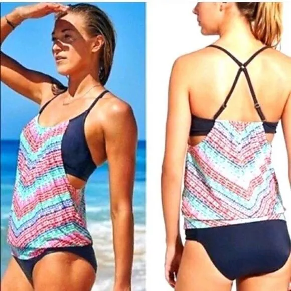 Athleta Moxie Blousy Tankini Swim Top Women's Blue GreenRed Pink size 34D/ DD - Image 2