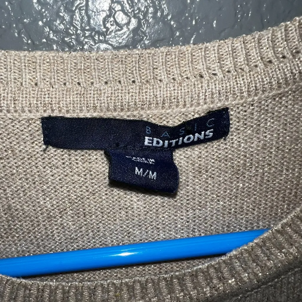 Basic Editions Women’s Medium Beige Metallic Knit Pullover Sweater Long Sleeve Tan - Image 3