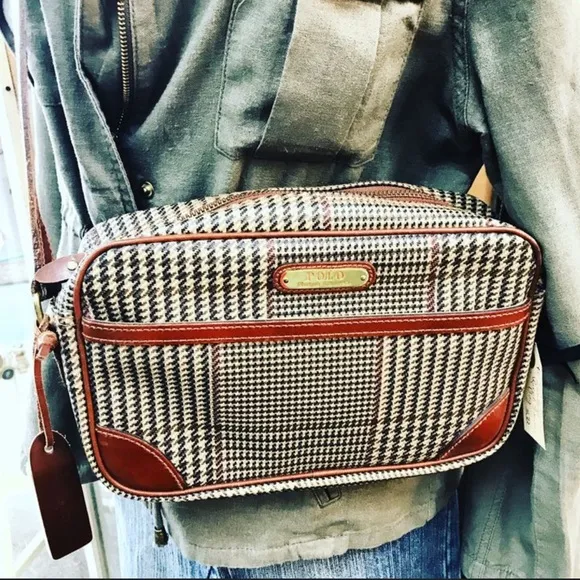 Polo Ralph Lauren Shoulder Plaid Houndstooth Bag Crossbody Vintage Prep Brown - Image 1