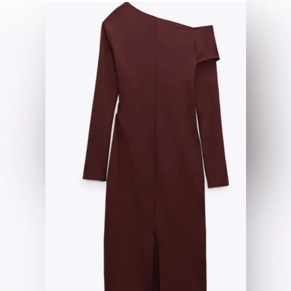 NWT‎ ZARA Asymmetrical Maroon Midi Long Sleeve Dress Size Medium - Image 3