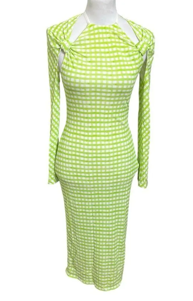 Jacquemus Nodi Midi Dress Size 2 Green Gingham Cutout Back Le Splash Hemmed - Image 2