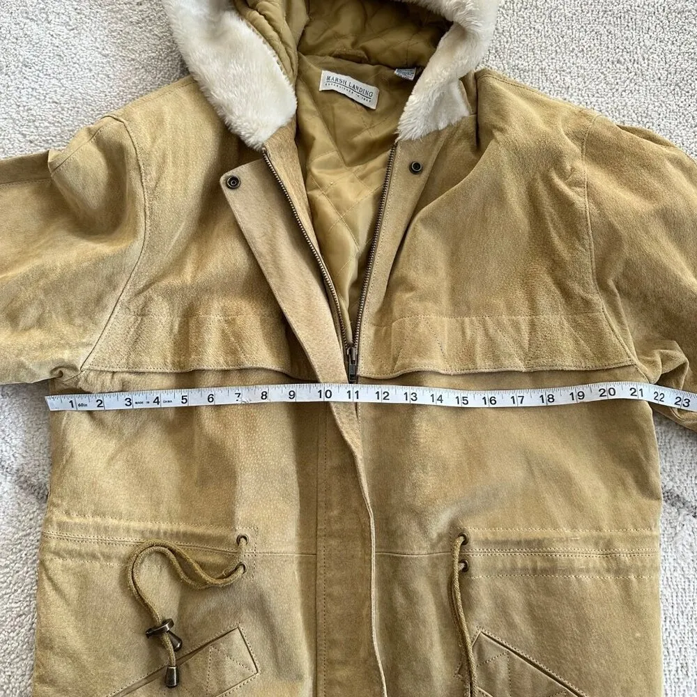90s Tan Marsh Landing Suede Mid-Length Faux Fur Hooded Jacket  (LIST) - Image 7