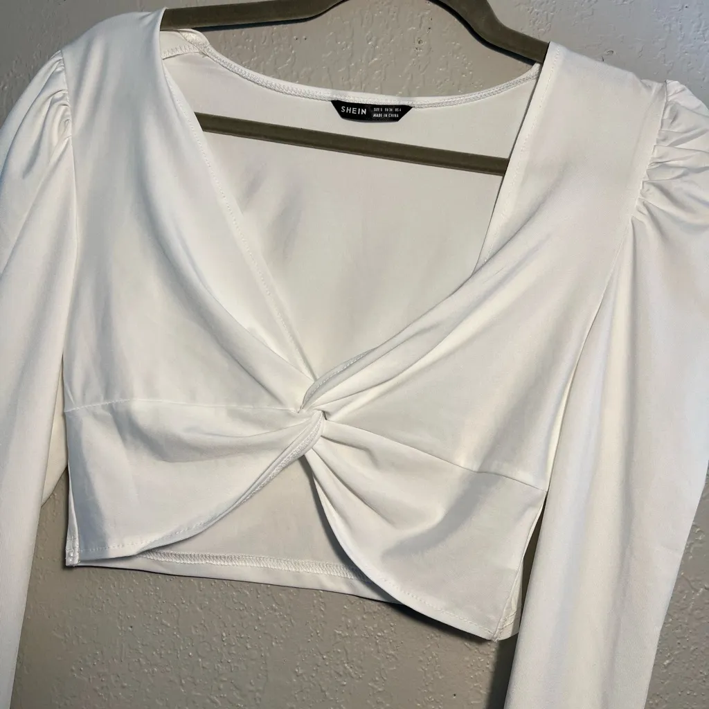 SHEIN White Ruched Long Sleeve Crop top Blouse Wide Neck Sz S T-shirt Y2K - Image 5