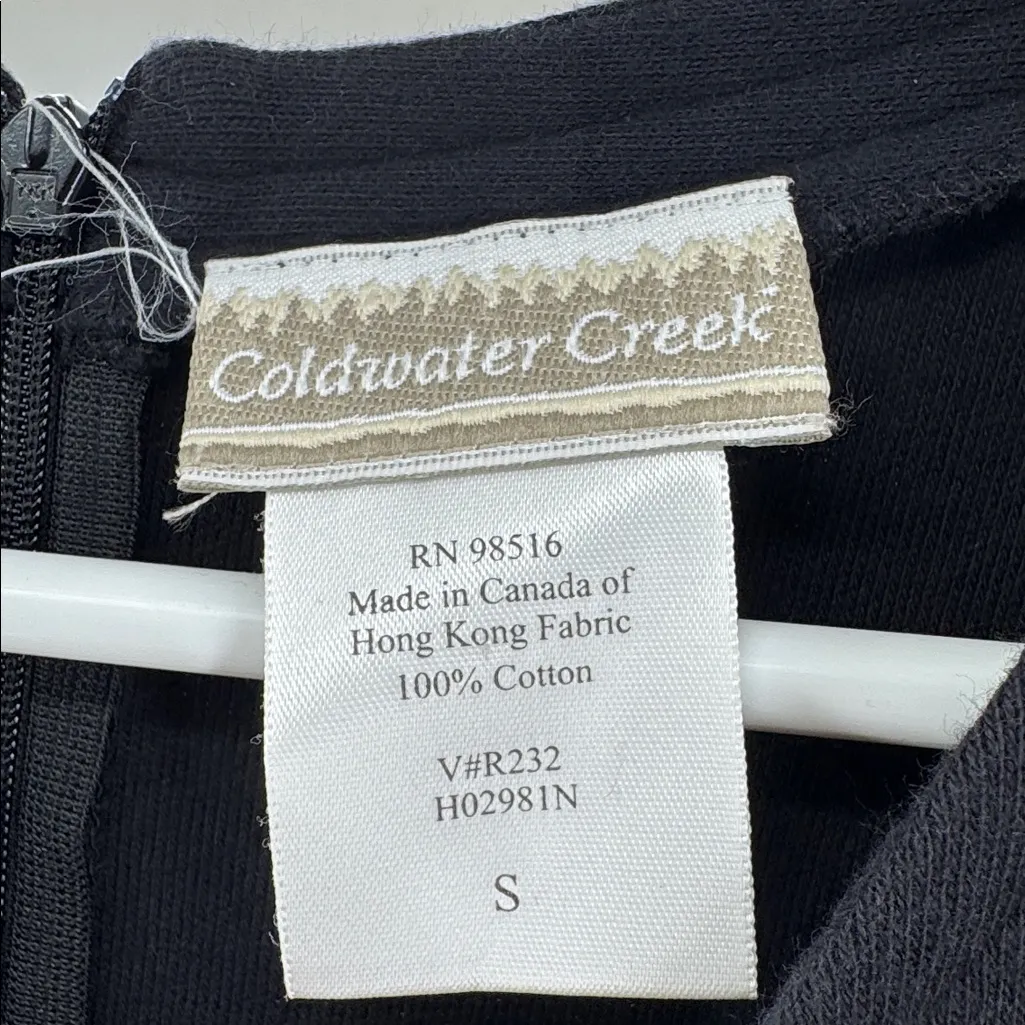 Coldwater Creek Black Maxi Dress embroidered Gold Cat Design L knit stretch - Image 5