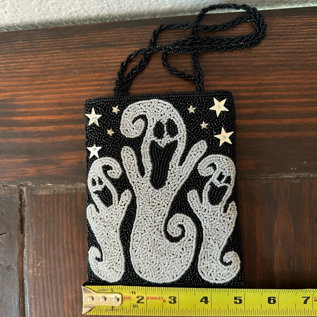 Black and White Beaded Ghost Design Women's Bag - Image 3