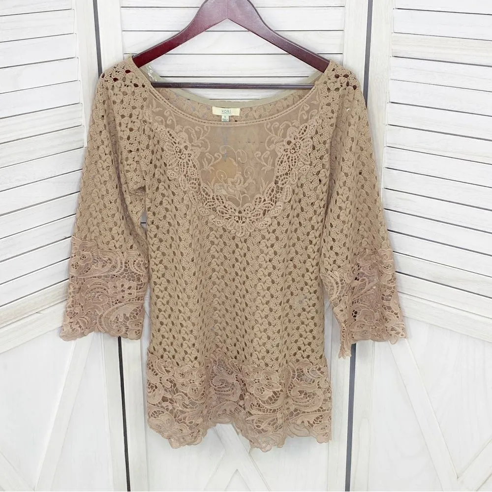 Kori Crochet Lace Hems Bell‎ Sleeve Tunic Top Mocha Tan Small Boho Cottagecore - Image 9