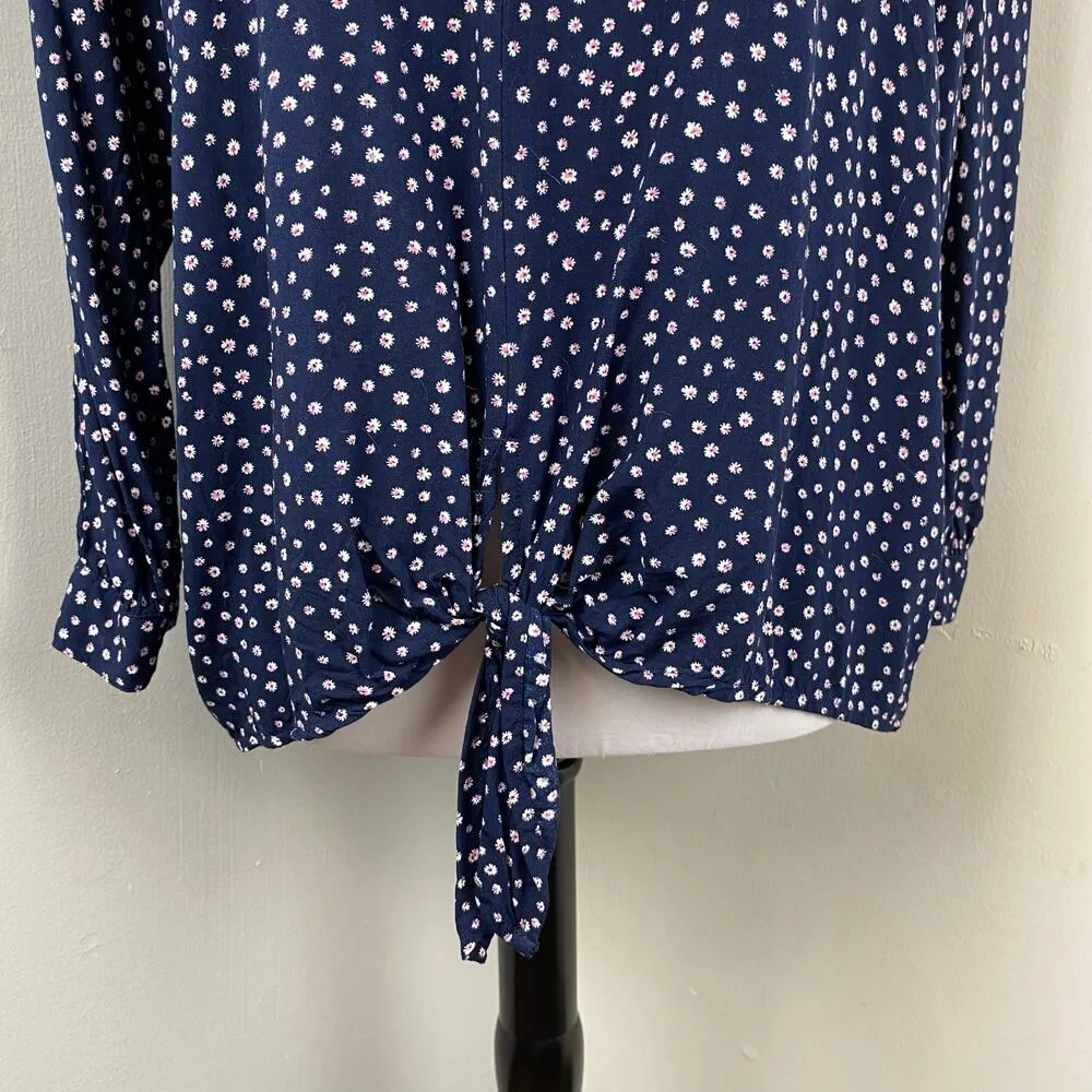 BeachLunchLounge Navy Ditsy Floral 3/4 Sleeve Tie Front Blouse Large - Image 6