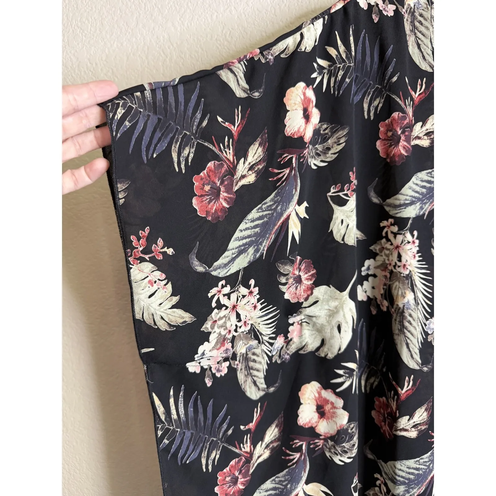 Womens Large Black Colorful Floral Kimono‎ Open Cardigan Beach Preppy Tropical - Image 3