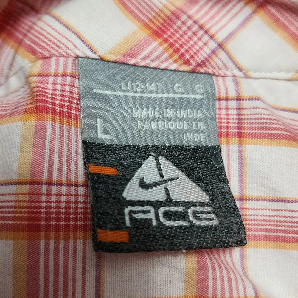 Nike ACG pink & orange plaid button down size large - Image 6