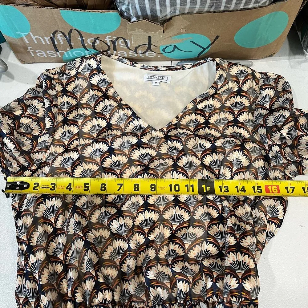 Sweet Salt Shell Print Belted Long Sleeve V Neck Dress Boutique Midi Brown Size 8 - Image 8