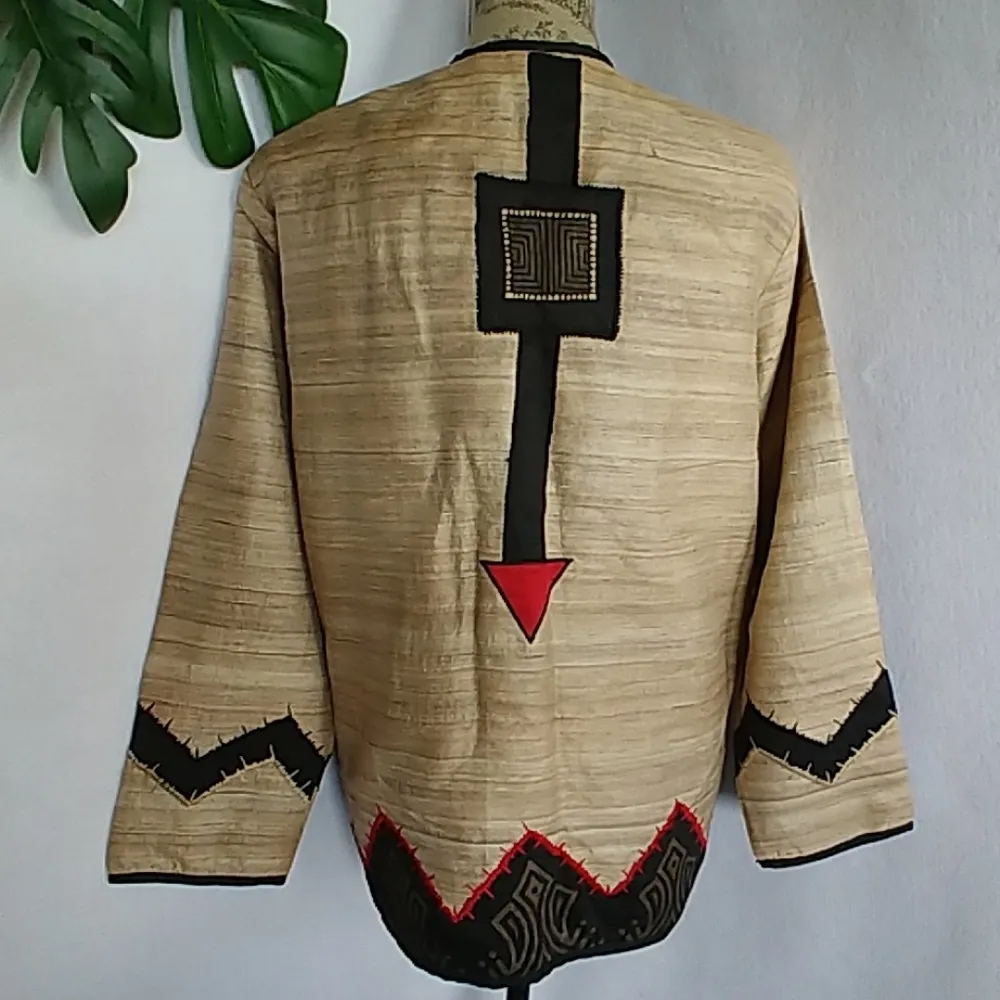 Vintage Alex Kim Silk Geo Tribal Design Jacket Tan Size M - Image 4