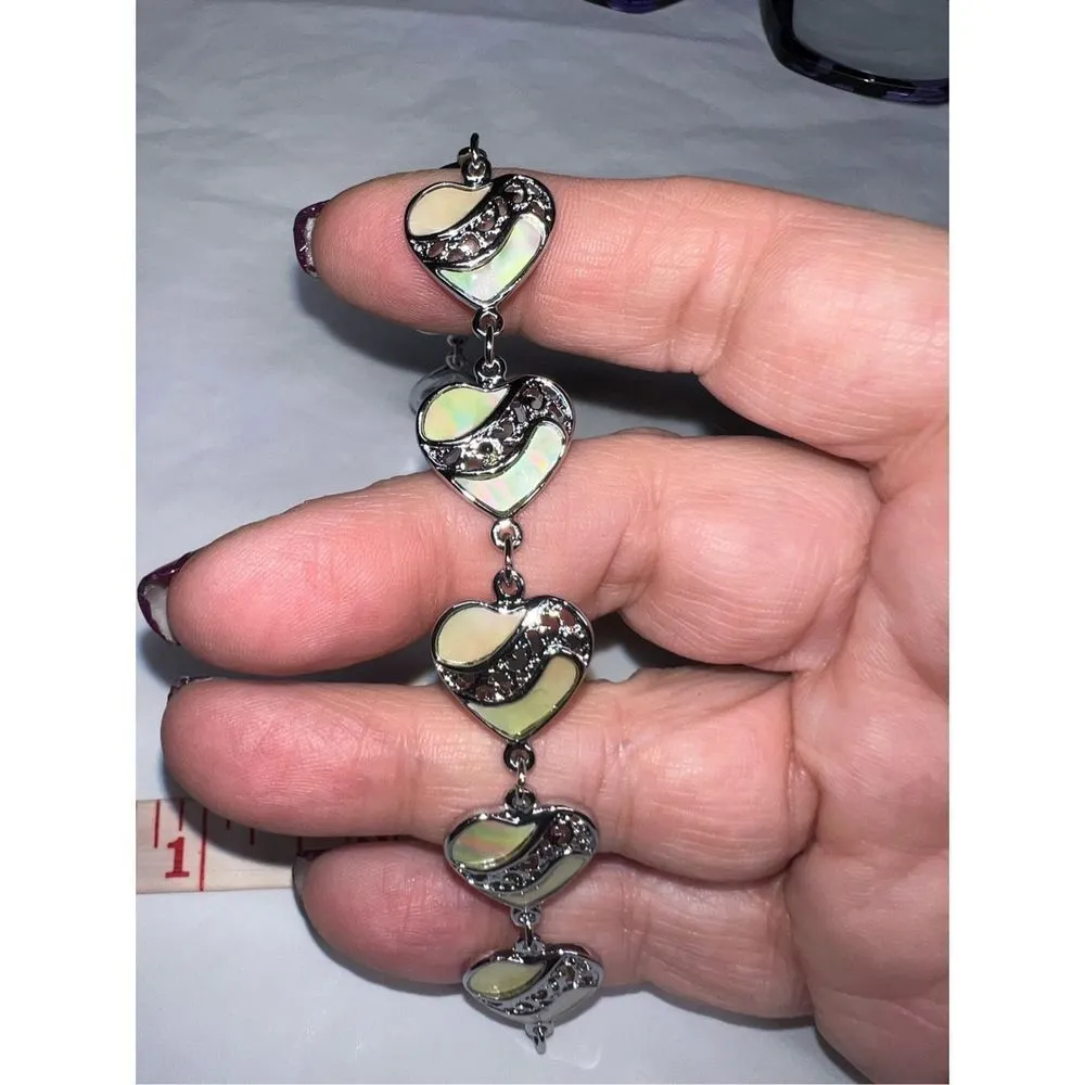 Vintage Silver Tone and Abalone Heart Link Bracelet - Image 6