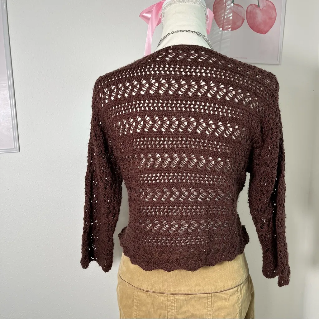 Vintage Y2K Mixit Chocolate Brown Crochet Knit Tie‎ Front Cardigan Sweater L/XL - Image 6