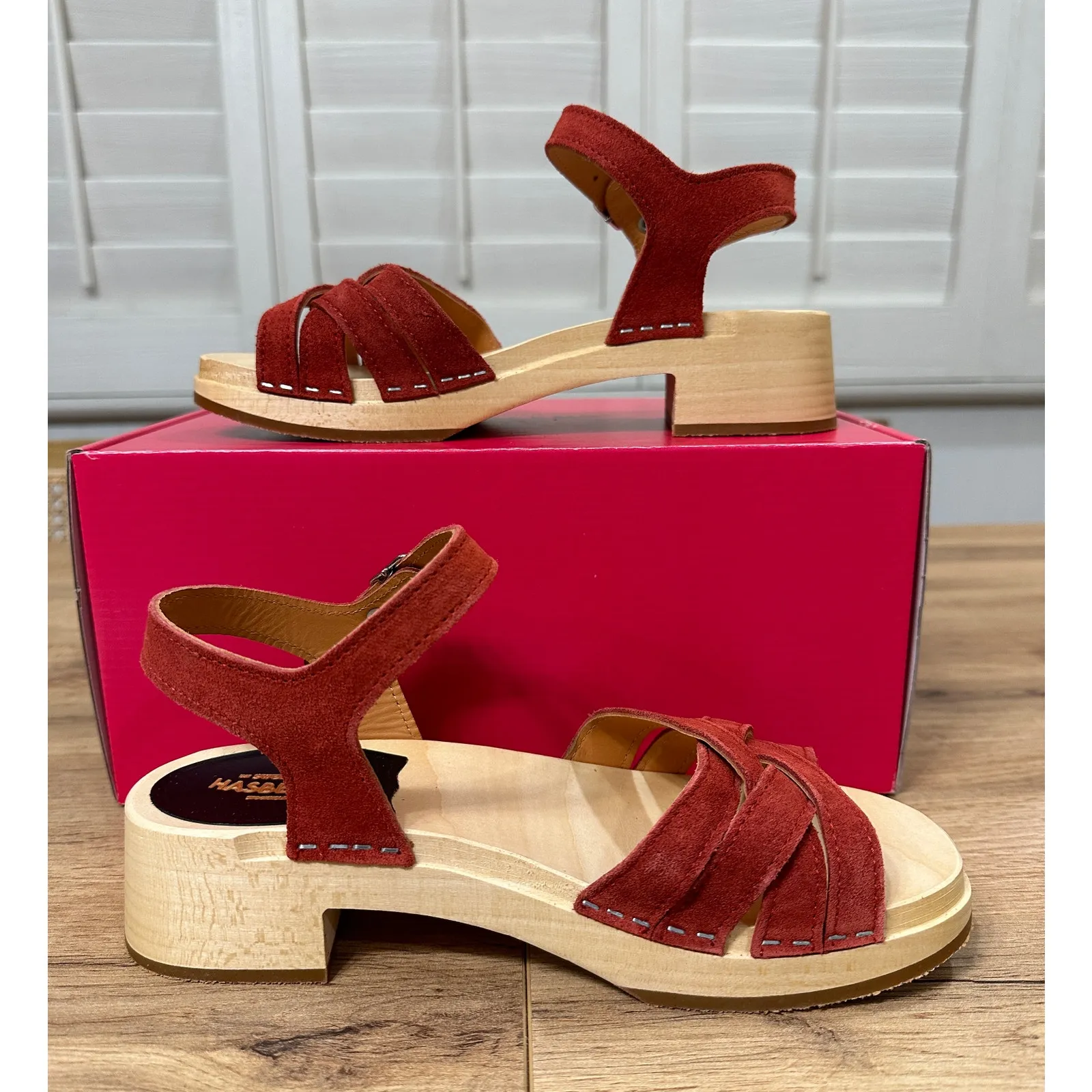 Swedish Hasbeens New Braided Sandals Red Rost Suede Size 6 US 36 EU NIB Classic - Image 7