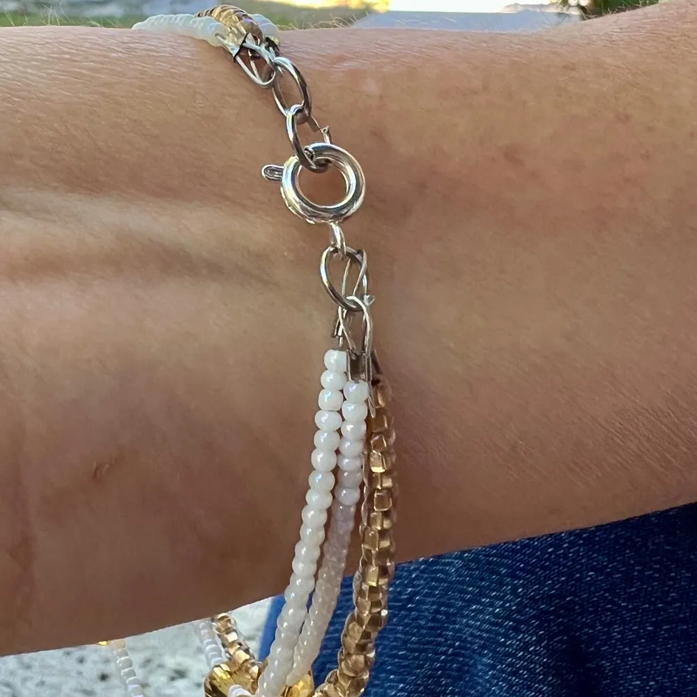 Triple Strand Pearl & Golden Glass Beaded Bracelet Gold - Image 4