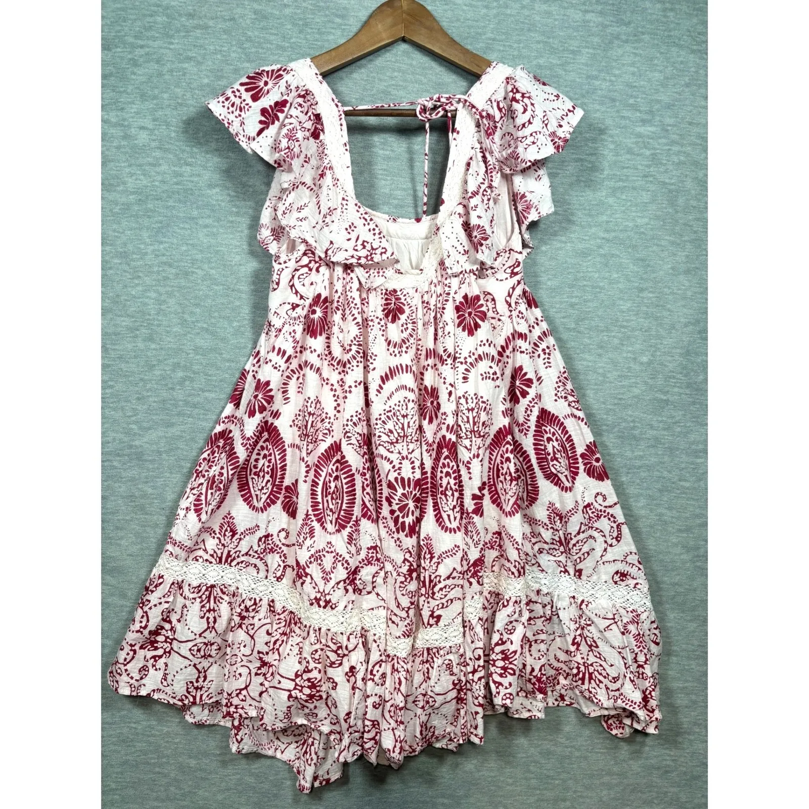 Maeve Anthropologie Dress S Red Floral Babydoll Mini Flutter Sleeve Lace Cottage Pink Size undefined - Image 7