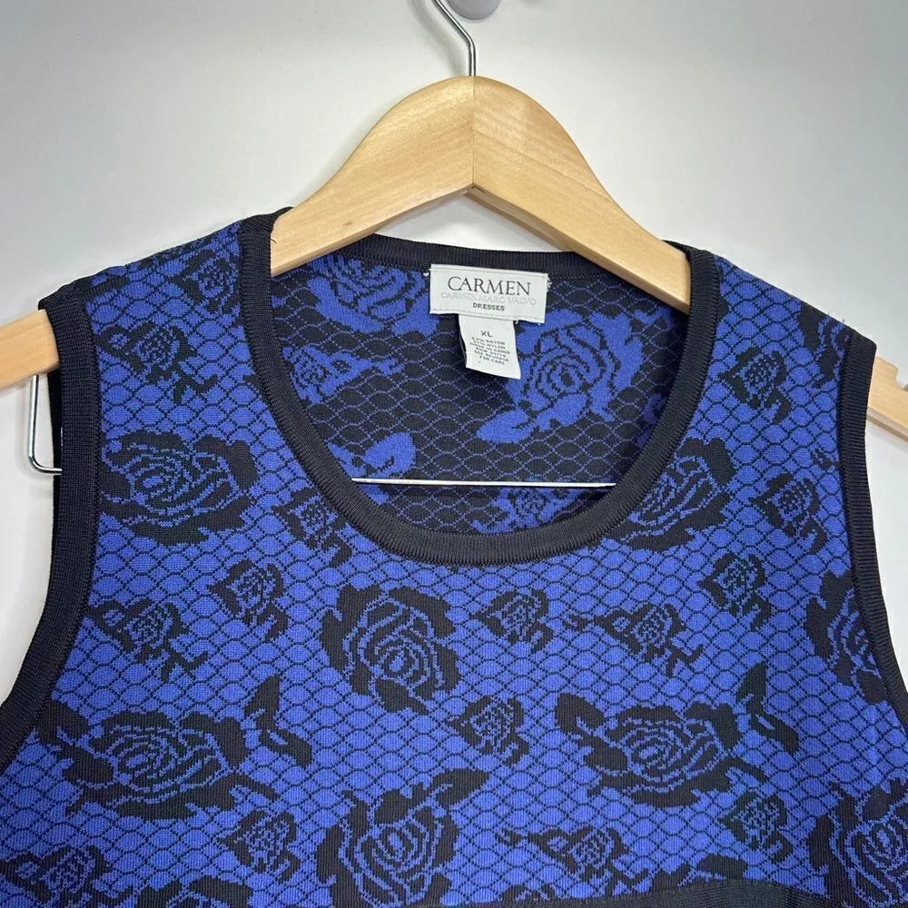 Carmen Marc Valvo A-line Stretch Sleeveless‎ Blue/Black Floral Dress Size XL - Image 3